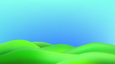 Yeşil tepeler, dağlar ve desenli çimen alanı ile çocuksu bir vektör çizimi 3D manzara çevreci bir çevre dostu park manzarası yaratır..