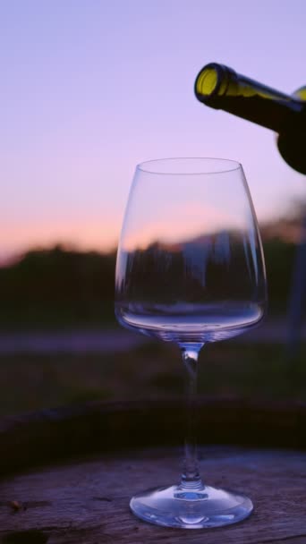日落时分 在木桶上往杯子里倒红酒 动作缓慢 — 图库视频影像
