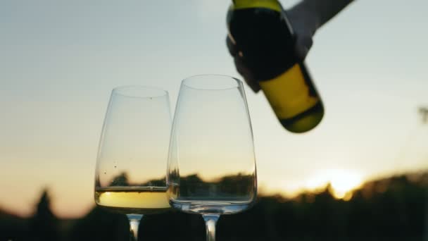 Close Anggur Putih Menuangkan Dalam Gelas Senja Luar Kebun Anggur — Stok Video