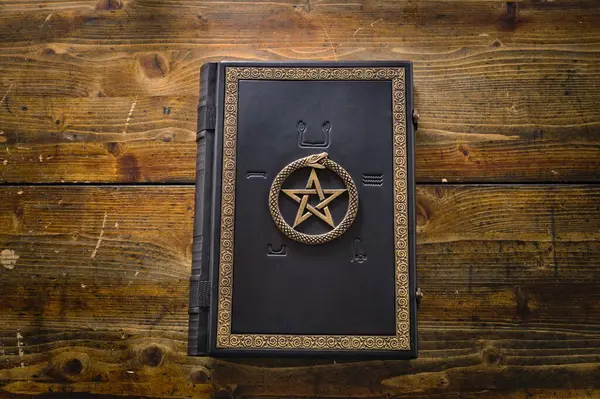 Ön kapağında Ouroboros sembolü olan siyah deri kitap eski ahşap masaya uzanıyordu..