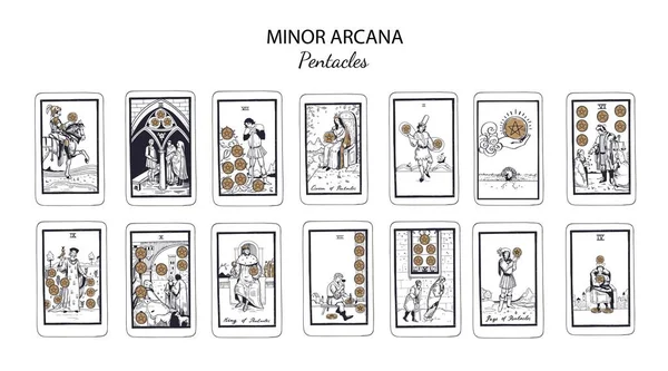 Kisebb Arcana Pentacles Vektor Tarot Kártyák Készlet — Stock Vector