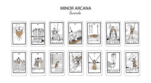 Espadas Menores Arcana Vector Tarot Cartas Conjunto — Archivo Imágenes Vectoriales