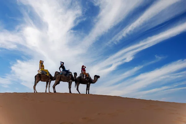 Três Passageiros Seu Encarregado Viajam Deserto Saara Marrocos — Fotografia de Stock