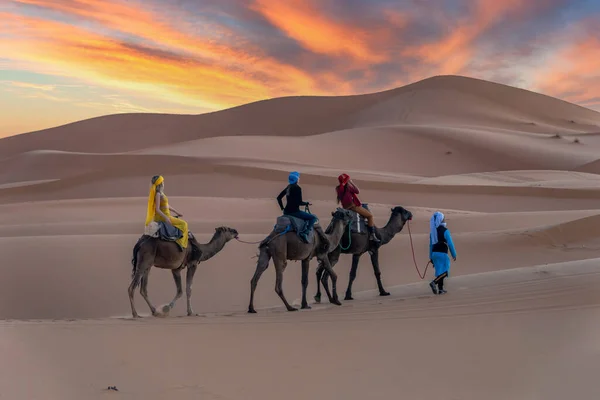 モロッコのサハラ砂漠を3人の乗客と彼らのハンドラーが旅する — ストック写真