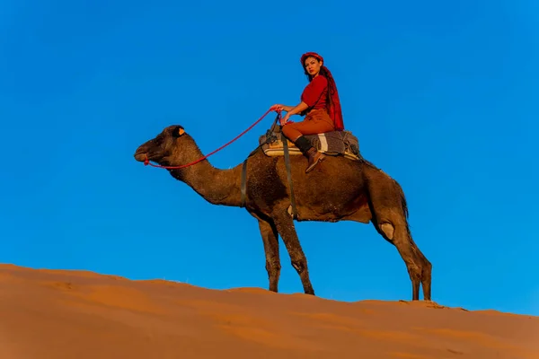 Vacker Modell Rider Kamel Genom Saharaöknen Marocko — Stockfoto