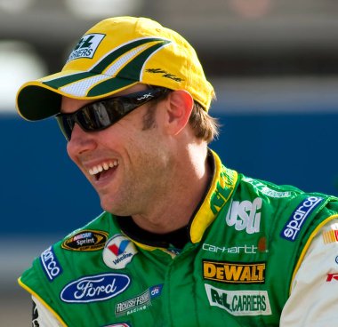 09 October, 2009:   Matt Kenseth shares a laugh before he qualifies for the Pepsi 500 race at the Auto Club Speedway in Fontana, CA.