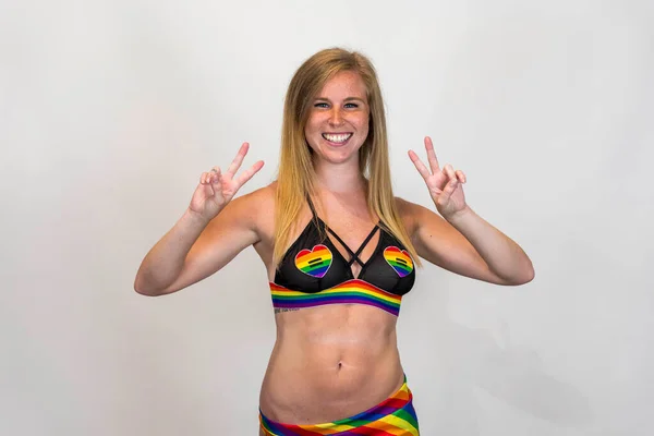 Studio Image Happy Young Blonde Lbgtq Woman Wearing Rainbow Colored — Photo