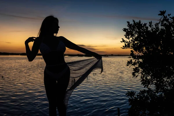 Великолепная Модель Латина Позирует Солнце Восходит Над Мексиканским Заливом Возле — стоковое фото