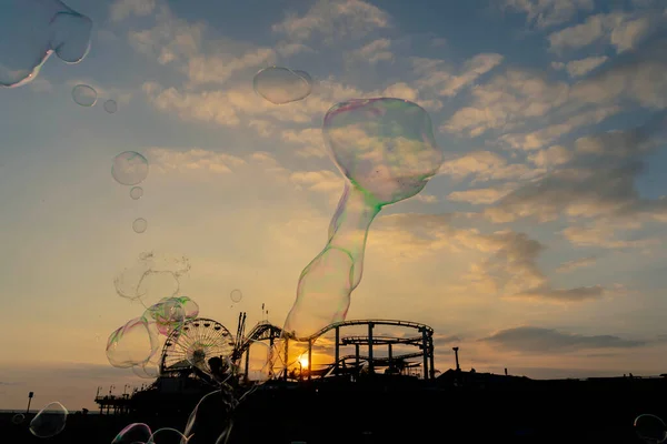 Sunset View Pier California Coast Liquid Bubbles Foreground — Stock Photo, Image