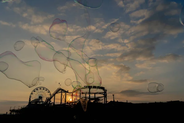 Sunset View Pier California Coast Liquid Bubbles Foreground — Stock Photo, Image