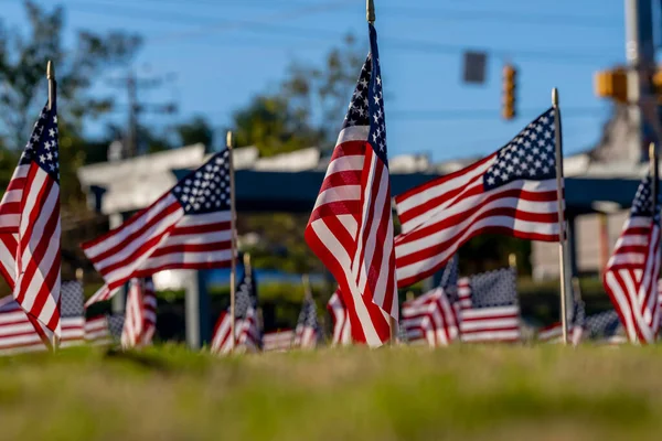 Group American Flags Wave Breeze Veterans Memorial Weekend — Stock Photo, Image