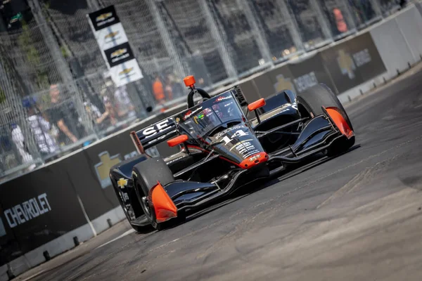 stock image INDYCAR driver, SANTINO FERRUCCI (14) of Woodbury, Connecticut, travels through the turns in his AJ Foyt Racing Chevrolet car during a practice session for the Chevrolet Detroit Grand Prix at the Streets of Downtown Detroit in Detroit, MI, USA.  