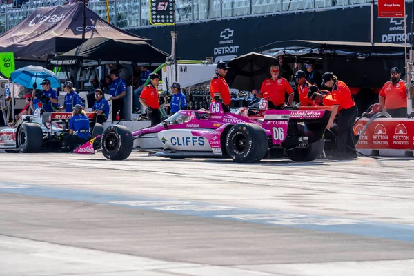 stock image INDYCAR driver, HELIO CASTRONEVES (06) of Sao Paulo, Brazil, travels through the turns in his Meyer Shank Racing Honda car during a practice session for the Chevrolet Detroit Grand Prix at the Streets of Downtown Detroit in Detroit, MI, USA.  