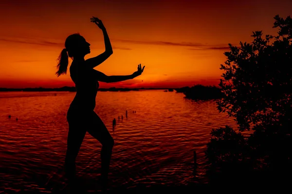 Gorgeous Latin Model Poses Sun Rises Gulf Mexico Sinanche Yucatan — Stock Photo, Image
