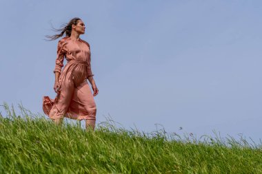 Güzel bir esmer model, rüzgarlı bir bahar gününde çayırda poz verir.