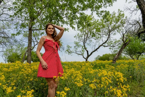 Modelo Morena Bonita Goza Campo Flores Amarelas Dia Primavera — Fotografia de Stock