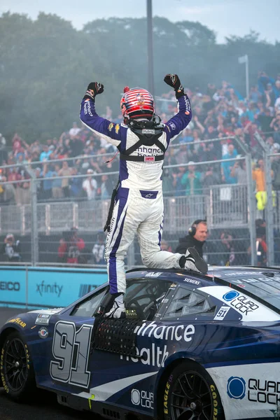 stock image NASCAR Cup Driver, Shane van Gisbergen (91), celebrates his win for the Inaugural Grant Park 220 on the Chicago Street Course in Chicago IL.