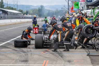 Woodbury, Connecticut 'tan INDYCAR Serisi sürücüsü SANTINO FERRUCCI (14), Portland' daki Portland Uluslararası Yarış Pisti 'nde Bitnile.com Grand Prix sırasında hizmet için arabasını getirir..