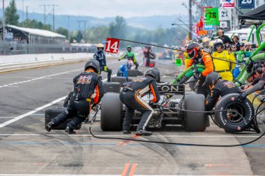 Woodbury, Connecticut 'tan INDYCAR Serisi sürücüsü SANTINO FERRUCCI (14), Portland' daki Portland Uluslararası Yarış Pisti 'nde Bitnile.com Grand Prix sırasında hizmet için arabasını getirir..