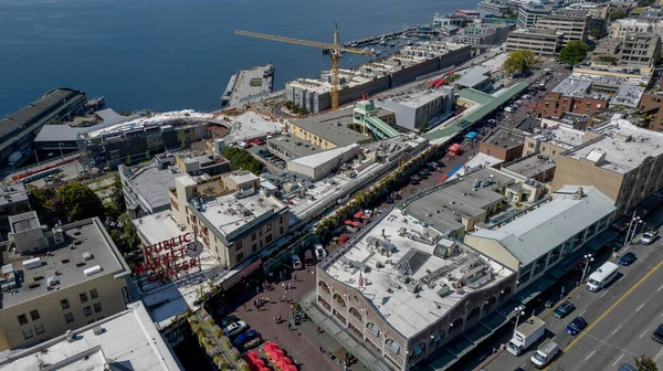 Aerial view of Pike Place Market in Seattle, Washington, United States. It opened on August 17, 1907, and is one of the oldest continuously operated public farmers' markets in the United States.