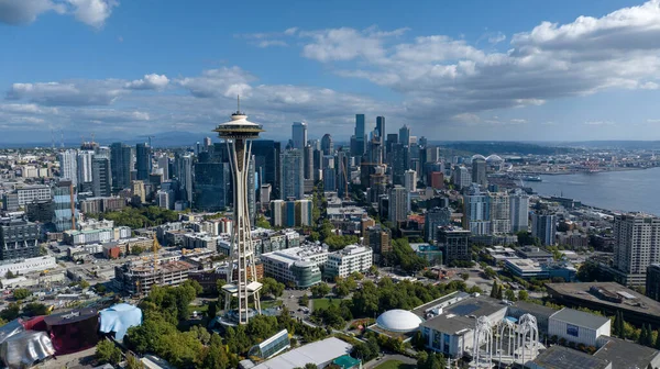 Aerial View of the Seattle Space Needle in the Lower Queen Anne neighborhood.