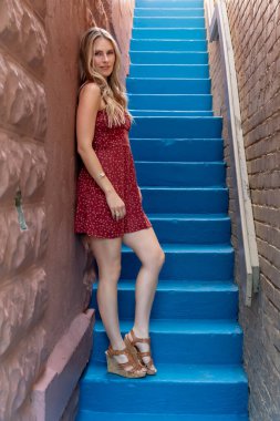 Muhteşem bir esmer model bahar havasının tadını çıkarırken açık havada alışveriş yapıyor.