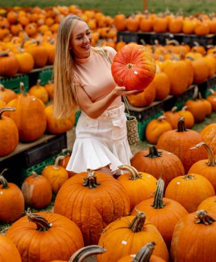 Güzel bir Avrupalı sarışın kadın yaklaşan sonbahar festivalleri için balkabağı ve çiçek fotoğrafı çekiyor.