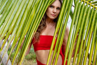 Göz kamaştırıcı esmer, canlı kırmızı bir elbise içinde ışıl ışıl, Karayip kıyılarını zarafetle süslüyor, tropik cennetin ortasında güzelliği somutlaştırıyor.