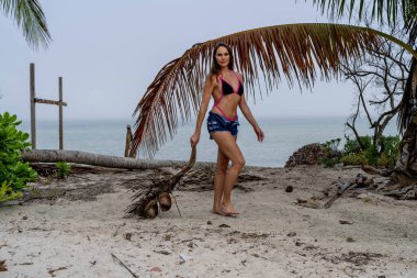 Bikinili, güneşli esmer, kumlu sahillerde Karayipler 'de eğleniyor, güzelliği macera ile birleştirerek hindistan cevizi avlıyor.