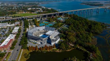 Aerial view of Credit One Stadium on Daniel Island in Charleston, South Carolina. clipart