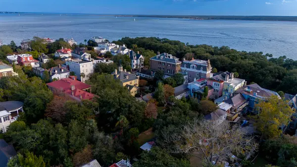 stock image Aerial view of Charleston SC which lies just south of the geographical midpoint of South Carolinas coastline