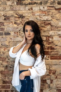 Muhteşem bir esmer model iç çamaşırlarıyla ev ortamında poz veriyor.