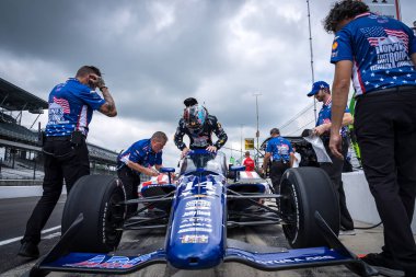 May 15, 2024-Speedway, IN;  SANTINO FERRUCCI (14) of Woodbury, Connecticut straps into his vehicle as he prepares to practice for the 108th Running of the Indianapolis 500 at the Indianapolis Motor Speedway in Speedway, IN. clipart