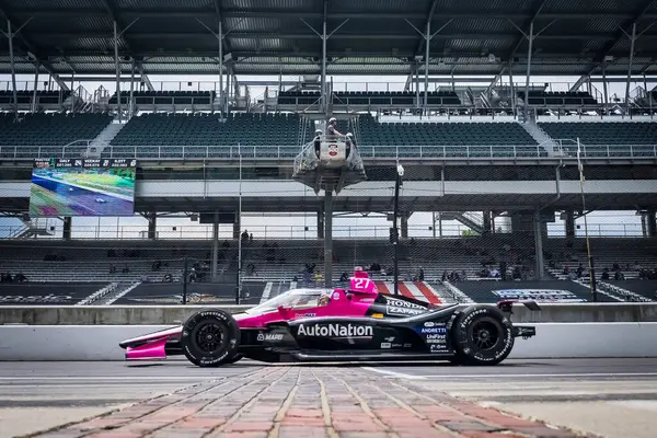 stock image May 15, 2024-Speedway, IN;  KYLE KIRKWOOD (27) of Jupiter, Florida crosses the yard of bricks as they practice for the 108th Running of the Indianapolis 500 at the Indianapolis Motor Speedway in Speedway, IN.