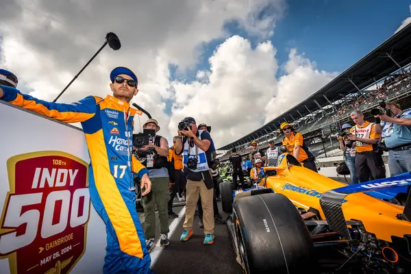 stock image KYLE LARSON (17) of Elk Grove, California prepares to qualify for the 108th Running of the Indianapolis 500 at the Indianapolis Motor Speedway in Speedway, IN.