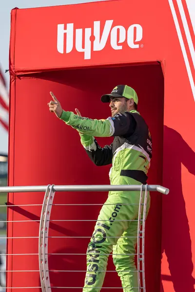 stock image RINUS VEEKAY (21) of Hoofddorp, Netherlands is introduced to the fans before the Hy-Vee Homefront 250 at the Iowa Speedway in Newton, IA.