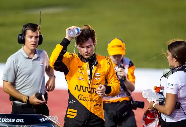 stock image NTT INDYCAR SERIES driver, PATO OWARD (5) of Monterey, Mexico, comes in second for the Hy-Vee Homefront 250 at Iowa Speedway in Newton, IA.