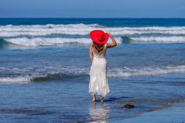 Breathtaking woman basks in beach bliss, near a pier, under clear blue skies, embracing the serenity of a perfect day by the sea clipart