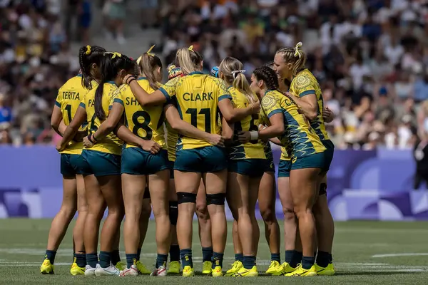 stock image Team Australia (AUS) prepares to play Team South Africa (RSA) in their Women's Rugby Seven Pool B match at the Sade de France Stadium during the 2024 Paris Summer Olympics in Paris, France.