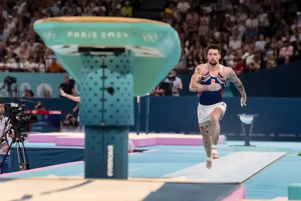 stock image Casimir Schmidt (NED) of the Netherlands, competes in the Men's All-Around Finals at the Stade de France Stadium during the 2024 Paris Summer Olympics in Paris, France.