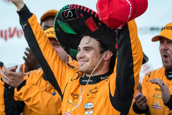 stock image NTT INDYCAR SERIES PATO OWARD (5) (MEX) of Monterey, Mexico celebrates his win for the Hy-Vee Milwaukee Mile 250's at The Milwaukee Mile in West Allis, WI.