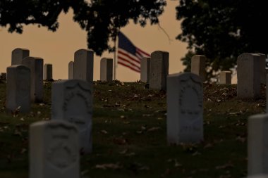 Huzurlu bir günde bir gazi mezarlığının genel manzarası. Rüzgarda dalgalanan Amerikan bayrakları, hizmet edenleri onurlandırıyor..