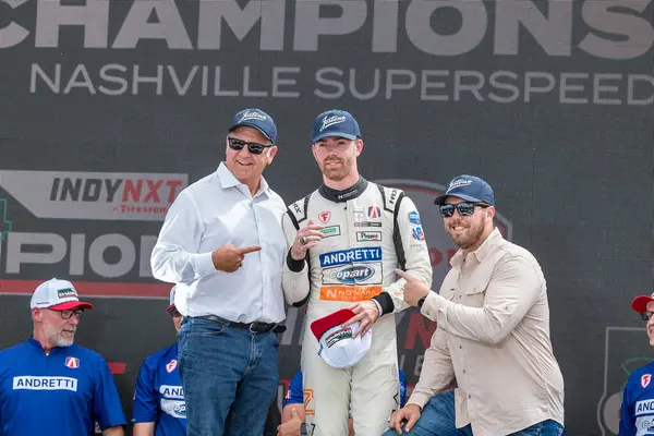 Stock image INDY NXT by Firestone Series LOUIS FOSTER (26) of Odiham, England  celebrates is win for the Big Machine Music City Grand Prix Presented by Gainbridge at Nashville Superspeedway in Lebanon, TN.