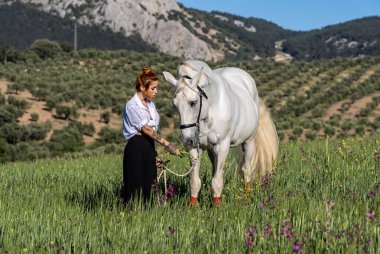 Muhteşem İspanyol bayan ve görkemli Endülüs atı güzelliği ve zarafeti yemyeşil tarlada somutlaştırıyor..