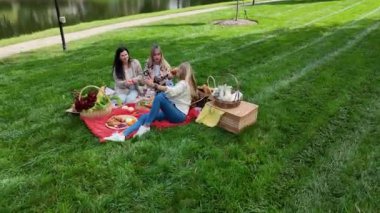 Üç güzel Avrupalı kadın bir battaniyeye oturmuş, altın sonbahar ağaçlarının altında gülüşlerini ve düşüncelerini paylaşıyorlar. Canlı yapraklarla çevrelenmiş olarak, taze, güneşli havada yemek, şarap ve sıcak arkadaşlığın tadını çıkarıyorlar..