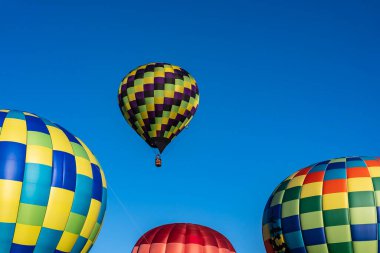 Tüm şekil ve renklerden oluşan canlı hava balonları açık mavi gökyüzüne doğru süzülür ve canlı bir sonbahar balonu festivalinde havayı heyecanla doldurur. Mevsimin güzelliğine karşı sahne nefes kesici..