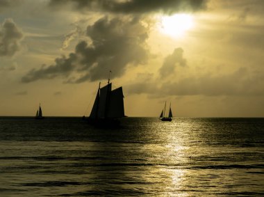 A radiant golden sunset casts shimmering light across calm waters. Silhouetted sailboats gently drift, their dark forms contrasting with the fiery hues of the sky, evoking serenity and wonder. clipart