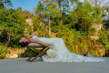 A radiant bride stands elegantly in her exquisite wedding dress, intricate lace cascading delicately, shimmering in soft light, her joyful eyes reflecting excitement for the love-filled journey ahead. clipart