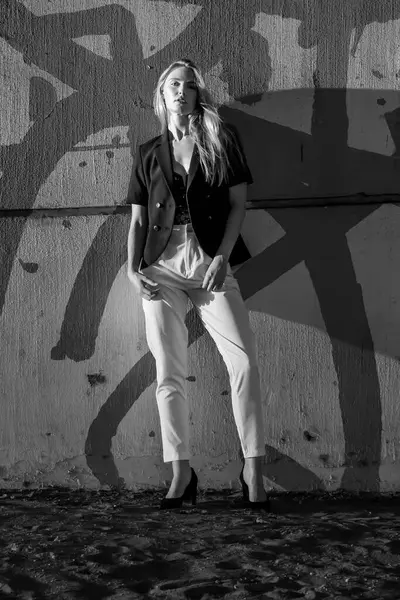 Çekici genç sarışın bir kadın zarif bir şekilde poz verir, batan güneşin sıcacık parıltısıyla yıkanır. Şehir arkaplanı onun tarzını geliştirir. Güzellik ve şehir cazibesinin büyüleyici bir karışımını yaratır..