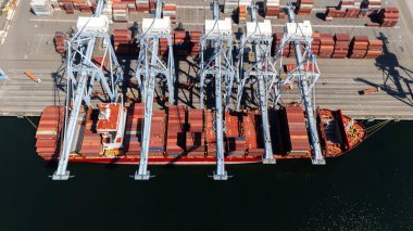Long Beach Limanı 'nın hava görüntüsü ABD' yi küresel pazarlara bağlayan geniş, hareketli rıhtım, vinç ve kargo gemileriyle dolu bir ticaret merkezini ortaya çıkarıyor..